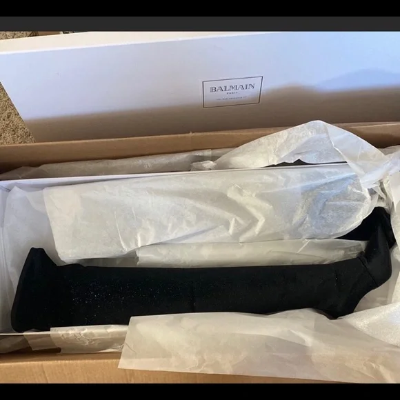 BALMAIN Amazone Thigh-High Glitter Velvet Boots - Picture 10 of 15